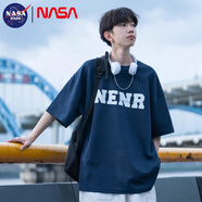 NASA BASE短袖t恤男夏季新款寬松潮牌半袖體恤上衣男生青年重磅百搭男裝 藏青色 XL （建議125-150斤）