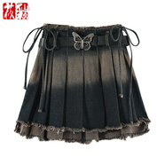 莜仙格美式甜酷辣妹套裝裙秋季露臍短袖上衣純風(fēng)百褶裙牛仔短裙兩件套夏 百褶半身裙【送腰帶】 S 85斤-95斤