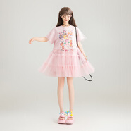 凱莉歐KEIKO 甜系粉色輕紗拼接連衣裙25夏季少女感涂鴉印花顯瘦a字裙子 粉紅色 XL