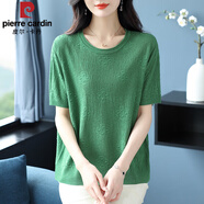 皮爾卡丹（pierre cardin）中年媽媽夏季桑蠶絲短袖t恤女裝寬松加肥特大碼夏裝冰.絲針織上衣 1209 綠色 4XL 【建議155-170斤】