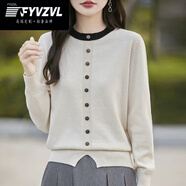 FYVZVL秋冬100%純棉針織衫女圓領(lǐng)拼色紐扣長(zhǎng)袖毛衣寬松開叉套頭打底上衣 米杏色 S