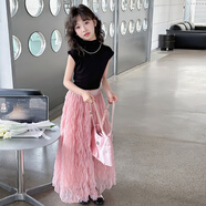 恬瑩女童夏裝2025新款洋氣時(shí)髦大童女裝公主連衣裙兒童夏季半身長(cháng)裙子 黑色套裝 150 (建議身高135-145CM)