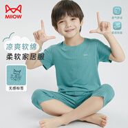 貓人（MiiOW）兒童睡衣空調(diào)服男童寶寶短袖長(zhǎng)褲夏季輕薄款童裝家居服套裝 綠150