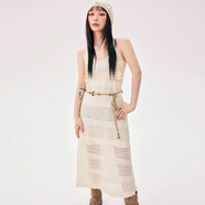 CHUU蕾絲貼標(biāo)連衣裙女2025年夏季新品鏤空毛邊無袖吊帶背心長(zhǎng)裙子 白杏色 M