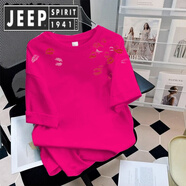 JEEP SPIRIT吉普復(fù)古純棉短袖男女潮流寬松韓版夏裝 玫紅色【重磅純棉】 S 【80-105斤】寬松版