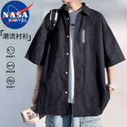 NASA MARVEL短袖襯衫男夏翻領襯衣休閑服半袖男士外套寬松上衣 黑色 4XL