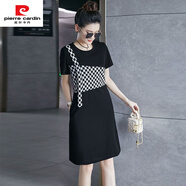 皮爾卡丹2025新款氣質(zhì)休閑連衣裙女夏時(shí)尚格子拼接小個(gè)子有口袋顯瘦T恤裙 黑色 格子拼接 2XL 125-140斤