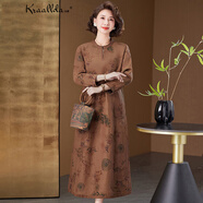 卡搭（kraallda）高檔品牌正宗香云紗連衣裙女2025新款女裝國(guó)風(fēng)真絲桑蠶絲媽媽裙子 咖花 配腰帶 2XL 建議130-140斤