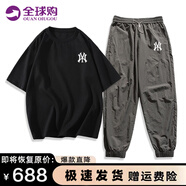 YKINCASL潮牌短袖t袖套裝男女情侶款夏季純棉重磅上衣冰絲休閑褲兩件套裝 黑色短袖+太空灰長褲（NE01） 2XL （建議170-190斤）
