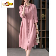 初徑2025新款洋氣襯衫裙寬松透氣棉麻連衣裙中長(cháng)款春款韓版領(lǐng)氣質(zhì)裙子 粉色 M 95-110斤