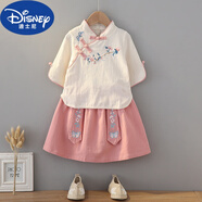 迪士尼（Disney）女童漢服裙夏季中國風(fēng)兒童國學(xué)服棉麻裙套裝小女孩古裝演出服唐裝 米白粉裙-桃花 100 建議90-98cm 2-3周歲