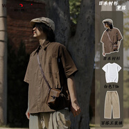 威登羊日系復(fù)古工裝短袖t恤男士春夏季寬松休閑套裝男生潮牌衣服男裝 棕色短袖+白短T+卡其褲子【三件 M