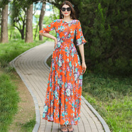 蘇沐婉煙橘紅印花長(cháng)款大擺連衣裙女夏季2025年新款減齡波西米亞度假長(cháng)裙子 桔色 S (155) 80A