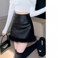 FHHUABD冬季2025新款小香風套裝韓劇小個子感甜美毛毛短外套半身裙子 黑色 M 腰圍68-69厘米