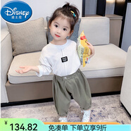迪士尼（Disney）2025女寶寶春裝兒童韓版春季長袖女童春秋夏裝時(shí)髦洋氣兩件套 貼標(biāo)T恤垮褲套裝 白t軍綠垮褲 130 建議身高115-125cm6-7歲