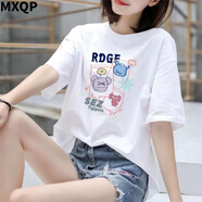 MXQP純棉短袖T恤女2025夏季寬松卡通慵懶風(fēng)顯瘦印花打底衫上衣服女裝 白色【SEZ怪獸-前大花】 L 【110-130斤】