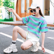 藍(lán)貝妮童裝女童夏裝2025新款洋氣兒童運(yùn)動(dòng)套裝夏季女孩衣服短袖大童女裝 紫色短褲款 150 碼建議身高140cm