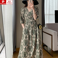 皮爾卡丹（pierre cardin）媽m裝休閑夏短袖長款印花雪紡收腰中長法式復(fù)古港風(fēng)碎花V領(lǐng)連衣 圖片色【有口袋】 M