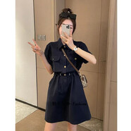 Lauaird特大碼300斤胖MM感工裝連衣裙女夏季設(shè)計感收腰顯瘦抽繩A字裙 黑色 3XL
