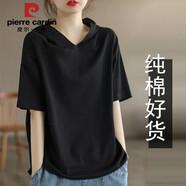 皮爾卡丹純棉連帽短袖女夏季新款洋氣帶帽打底衫外穿純色t恤大碼女士上衣 黑色 M 建議115斤內