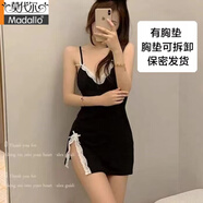莫代爾品牌2025春秋款時(shí)尚夜店開(kāi)叉性感v領(lǐng)拼接蕾絲包臀無(wú)袖吊帶睡裙女 黑色(有胸墊) S (建議80-90斤)