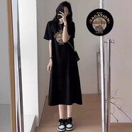敏潮格倫孕婦連衣裙夏裝2025新款短袖t恤裙子夏季孕媽媽洋氣穿搭開(kāi)叉長(zhǎng)裙 黑色（沙漠汽車(chē)） M
