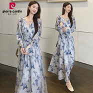 皮爾卡丹（pierre cardin）大碼法式高級(jí)感v領(lǐng)碎花連衣裙女春秋季新款胖mm顯瘦雪紡長(zhǎng)裙 藍(lán)色氣場(chǎng)強(qiáng)大/包臀/風(fēng)情//森系* 2XL 140-160斤