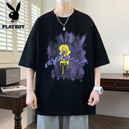 花花公子（PLAYBOY ESTABLISHED 1953）短袖t恤男士夏季2025新款寬松青少年港風帥氣圓領體恤衫 2005黑色 M  90-110斤