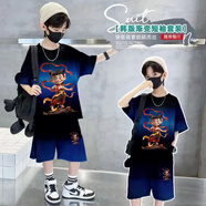 男童套裝夏季2025帥氣男孩哪吒衣服新款運動寬松短袖短褲兒童服裝 深藍色 常規(guī) 套裝#1086 150 碼建議身高140-150cm