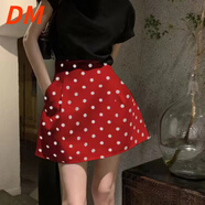 DALEY MODE法式復古蓬蓬短裙白色小個(gè)子高腰波點(diǎn)傘裙花苞半身裙 紅色 L