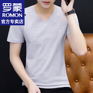 羅蒙（ROMON）純色條紋短袖t恤男士春夏季新款寬松短袖男T半袖打底衫上衣服男 灰色 3XL （約150-170斤可穿）