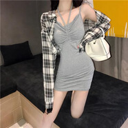 榮西圖春夏季新款寬松格子襯衫吊帶連衣裙兩件套女裝 灰色連衣裙 均碼