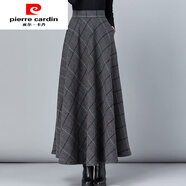 皮爾卡丹（pierre cardin）長(zhǎng)裙高腰半身裙花色大擺裙毛呢中年a字裙大碼長(zhǎng)款冬裙女新款春秋 深灰格子 M 90-105斤-有口袋