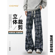 OEMG美式復古格子休閑褲子男士春秋夏季慵懶風撞色直筒垂感闊腿長褲 藏青格 3XL [建議150-165斤]