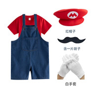 馬里奧COS服裝兒童演出服瑪麗背帶褲小黃人運動(dòng)會(huì )班服套裝夏 紅色短袖+牛仔背帶短褲+紅帽+胡 160 團購越多越優(yōu)惠