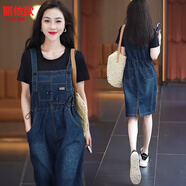 麗依歆牛仔背帶裙女假兩件連衣裙夏天女裝2025新款寬松收腰小個(gè)子裙子 黑色 2XL 【118-128斤】