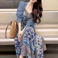 兩件套連衣裙夏天女法式絕美藍(lán)色開衫碎花吊帶裙連衣裙套裝D0628 藍(lán)色【兩件套】 M 【100-110斤】