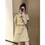 Lauaird特大碼300斤胖MM感工裝連衣裙女夏季設(shè)計感收腰顯瘦抽繩A字裙 卡其色 3XL