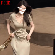 FSHE法式純欲風(fēng)v領(lǐng)氣質(zhì)連衣裙子女夏季2025新款修身顯瘦收腰黑色長裙 卡其色[性感/高冷御姐風(fēng)/掐腰裙/ L 55/60kg