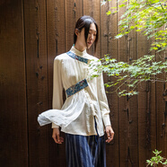 生活在左【林棲作品】復古繡花襯衣飛片不規則秋季新款長(cháng)袖上衣女 米白色 M