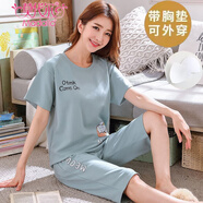 莫代爾睡衣女夏季純棉短袖兩件套裝七分褲帶胸墊韓版春秋可愛中褲家居服 綠睡貓 M （建議體重70-95斤）