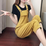 仙僖俫夏韓版寬松背帶褲女加大碼兩件套裝九分休閑 姜黃色背帶褲+黑色T恤 M