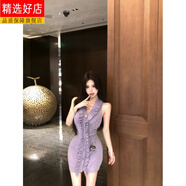 CEOCK2025新款純欲風(fēng)紫色v領(lǐng)無袖連衣裙女夏季修身針織短裙荷葉邊收腰 V領(lǐng)針織裙-旗艦款 M