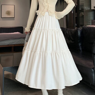 BJORN MOAN夏季新款韓版高腰A字蛋糕裙設計感木耳花邊拼接長(cháng)裙釘鉆半身裙女 米白色 S 80-100斤