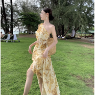 悉弗斜肩露腰度假碎花單肩連衣裙女夏不規(guī)則下擺鏤空抹胸抽褶開(kāi)叉長(zhǎng)裙 圖片色 S