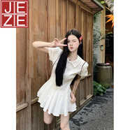 JEZE學院風白色短袖襯衫連衣裙女裝夏季法式收腰a字裙小個子百褶短裙 連衣裙+褲子【z】 M