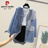 皮爾卡丹（pierre cardin）拼接牛仔襯衫女外搭春秋款2025韓版百搭寬松長袖襯衣牛仔女外套 186-中藍(lán)色 L 建議115-130斤