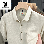 花花公子（PLAYBOY）夏季男士中年翻領(lǐng)短袖襯衫含亞麻寬松半袖T恤口袋襯衣男 YY-1919米白 2XL 54150-170斤