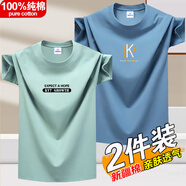 賓宇兄弟（BINYUXD）夏季純棉短袖T恤男圓領潮流印花ins上衣百搭半袖男大碼體恤打底衫 EXP豆綠+潮K霧藍 L 【適合：115-135斤】