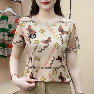 歐洛黛短袖t恤女夏季新款女裝正肩短袖女大碼寬松碎花圓領(lǐng)上衣女 黃色-W蝴蝶 XL 碼 建議115-125斤